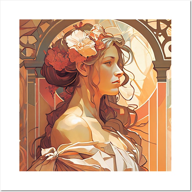 Alphonse Mucha Style Portrait of a Beautiful Woman Wall Art by Danielleroyer